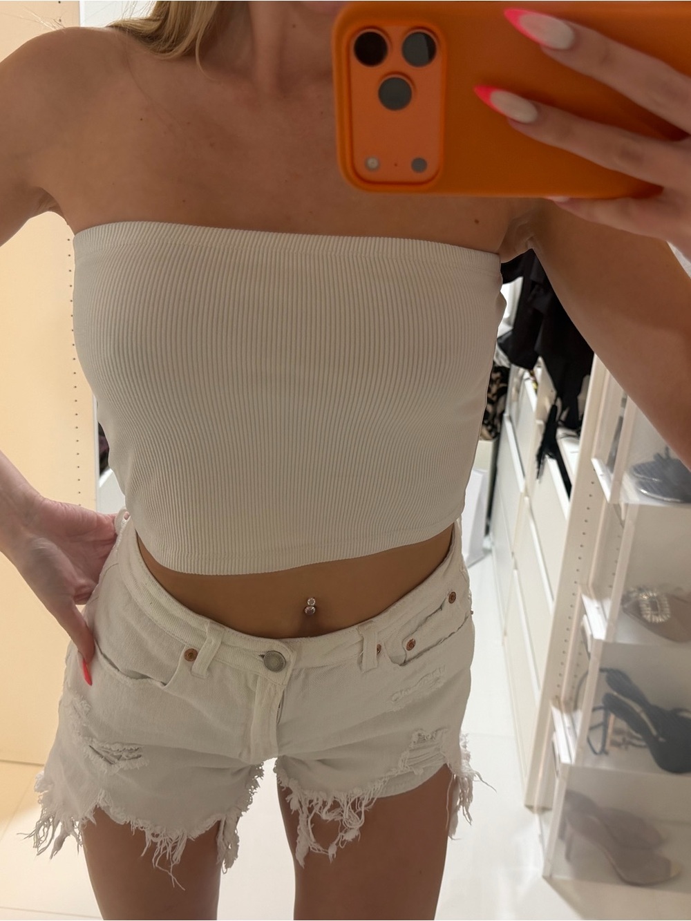 Ribbed Strapless Crop Top - White